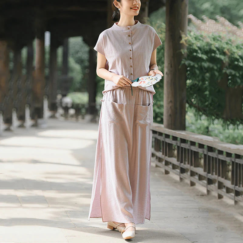 Buddha Stones 2Pcs Buttons Short Sleeve Shirt Top Skirt With Pockets Meditation Cotton Women's Set