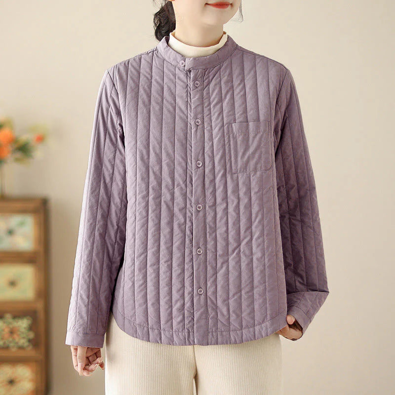Buddha Stones Women's Stand Collar Simple Design Long Sleeve Thermal Cotton Jacket With Pocket