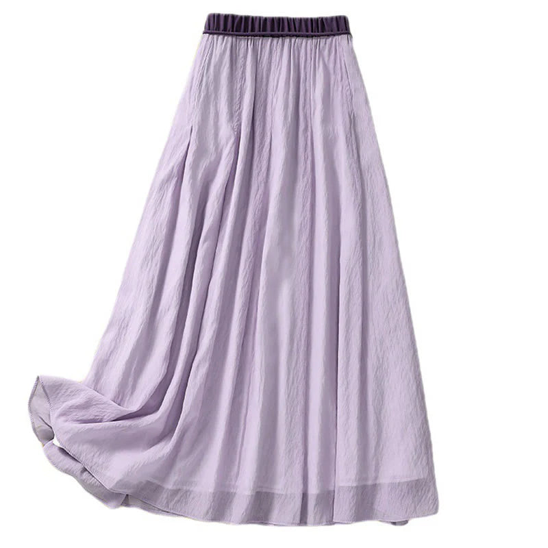 Buddha Stones Casual Contrasting Color Pleated Lace-Up Design Women's Cotton Linen 7-8 Length Skirt