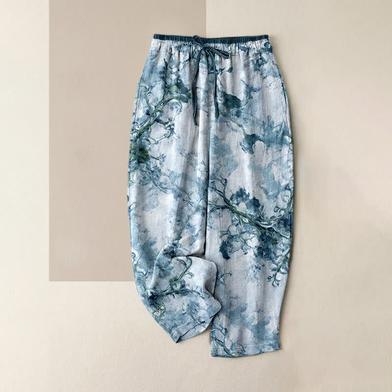 Buddha Stones Print Branches Floral Elements Women's Pure Cotton Pants With Pockets