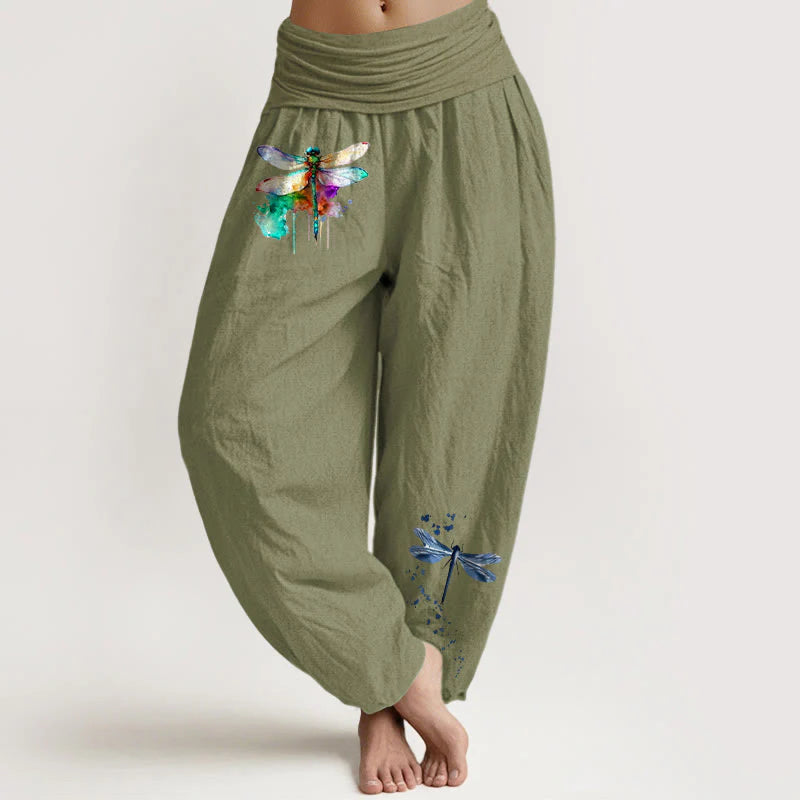 Buddha Stones Pure Cotton Dreamy Dragonfly Pattern Women's Elastic Waist Harem Pants