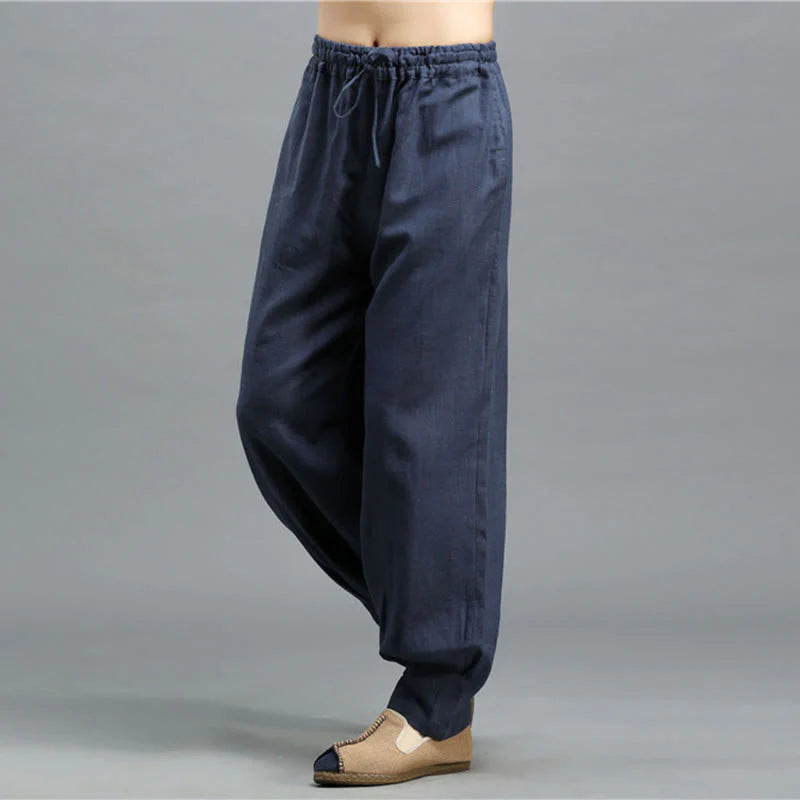 Buddha Stones Casual Plain Color Elastic Drawstring Ramie Linen Men's Pants With Pockets