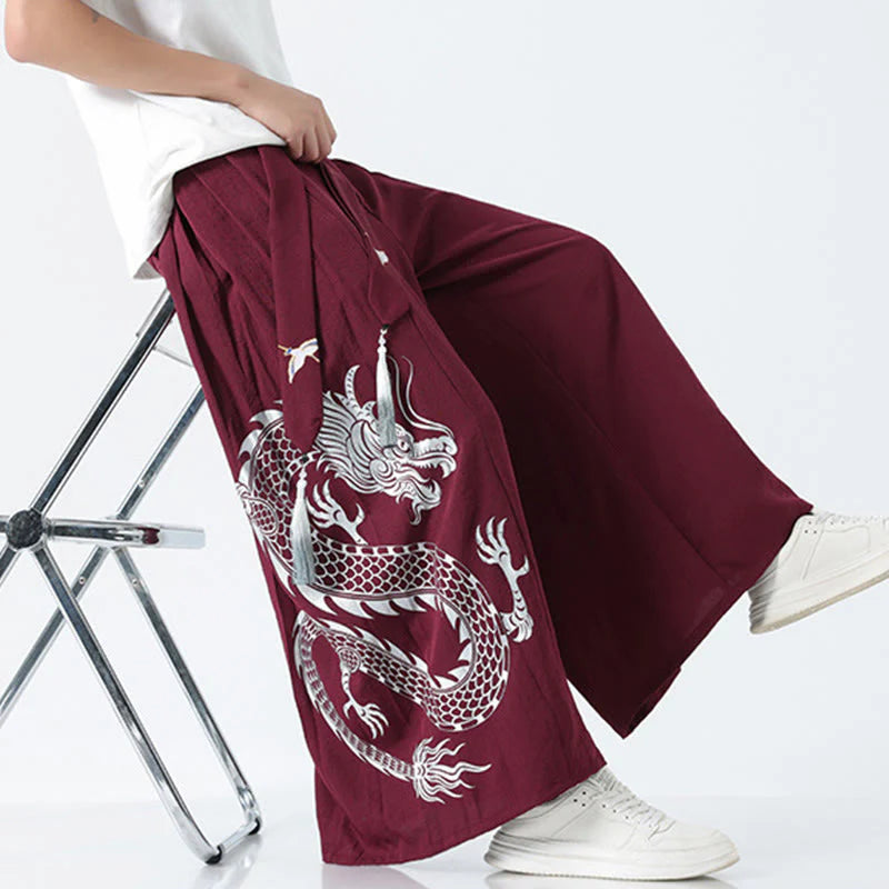 Buddha Stones Summer Dragon Drawstring Design Cotton Ankle-Length Men's Wide Leg Pants With Pockets