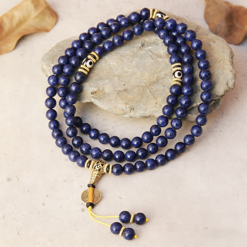 Buddha Stones 108 Beads Lazurite Lapis Lazuli Three-eyed Dzi Bead Positive Mala