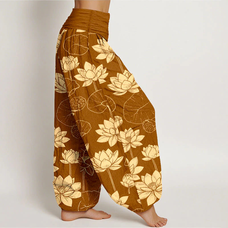 Buddha Stones Cotton Lotus Flowers Leaves Pods Pattern Women's Elastic Waist Harem Pants