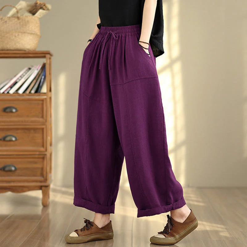 Buddha Stones Women's Fall Plain Color Drawstring Cotton Linen 7-8 Length Pants With Pockets