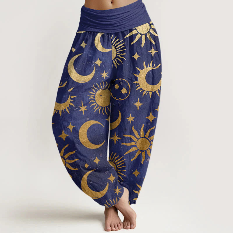 Buddha Stones Cotton Crescent Moon Sun Stars Pattern Design Women's Elastic Waist Harem Pants