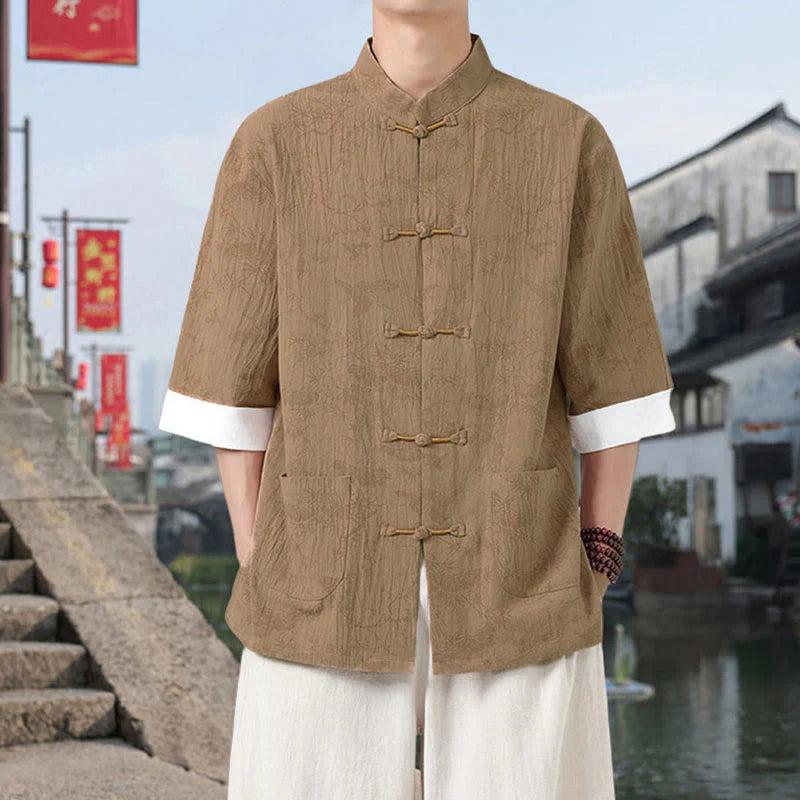 Buddha Stones Summer Crane Pine Tree Pattern Tang Suit Men's Frog-Button Half Sleeve Cotton Shirt With Pockets