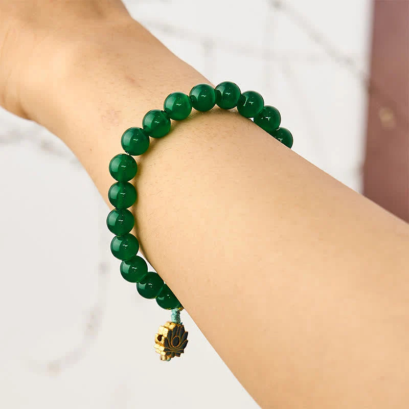 Buddha Stones Natural Green Agate Yellow Agate Lotus Charm Success Beaded Bracelet