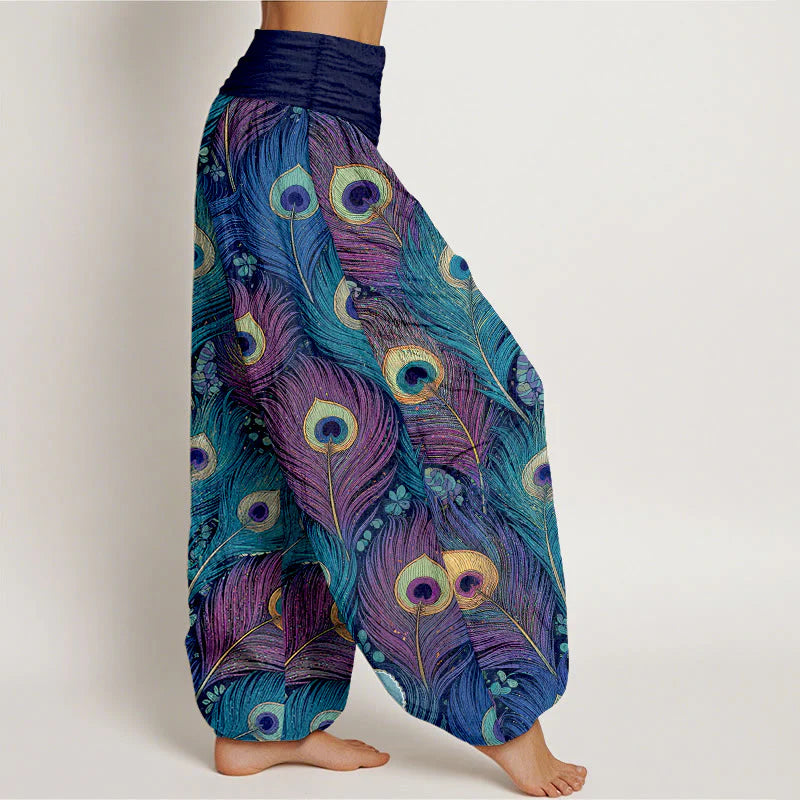 Buddha Stones Peacock Feathers Pattern Pure Cotton Women's Elastic Waist Harem Pants