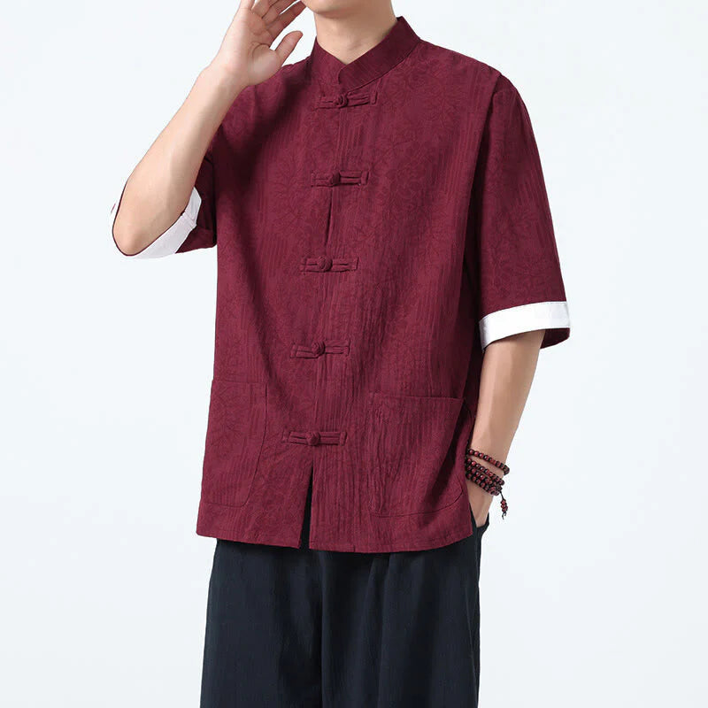 Buddha Stones Summer Flowers Grass Pattern Tang Suit Men's Frog-Button Half Sleeve Cotton Shirt With Pockets