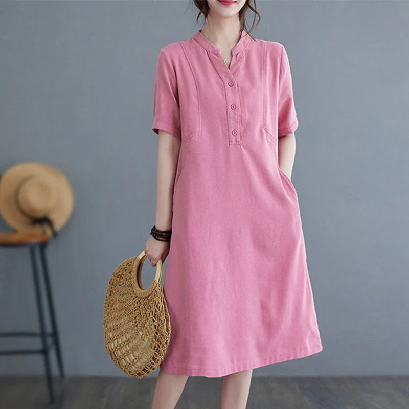 Buddha Stones Casual Daily Pure Color Button Design Short Sleeve Cotton Linen Midi Dress With Pockets