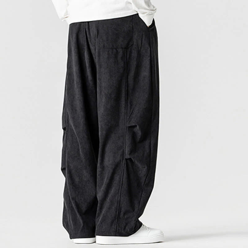 Buddha Stones Winter Drawstring Corduroy Cotton Men's Wide Leg Pants With Pockets