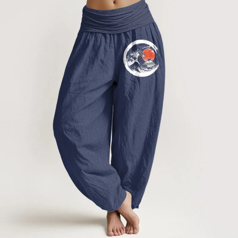Buddha Stones Wave Sun Mountains Pattern Women's Elastic Waist Harem Pure Cotton Pants