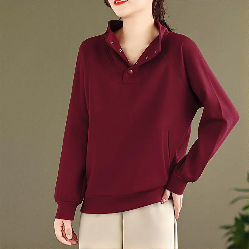 Buddha Stones Fall Solid Stand Collar Buttons Design Long Sleeve Women's Cotton Sweatshirt