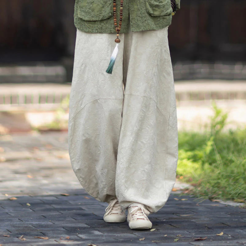 Buddha Stones Fall Jacquard Women's Frog-Button Long Sleeve Shirt Pants Cotton Linen Clothing
