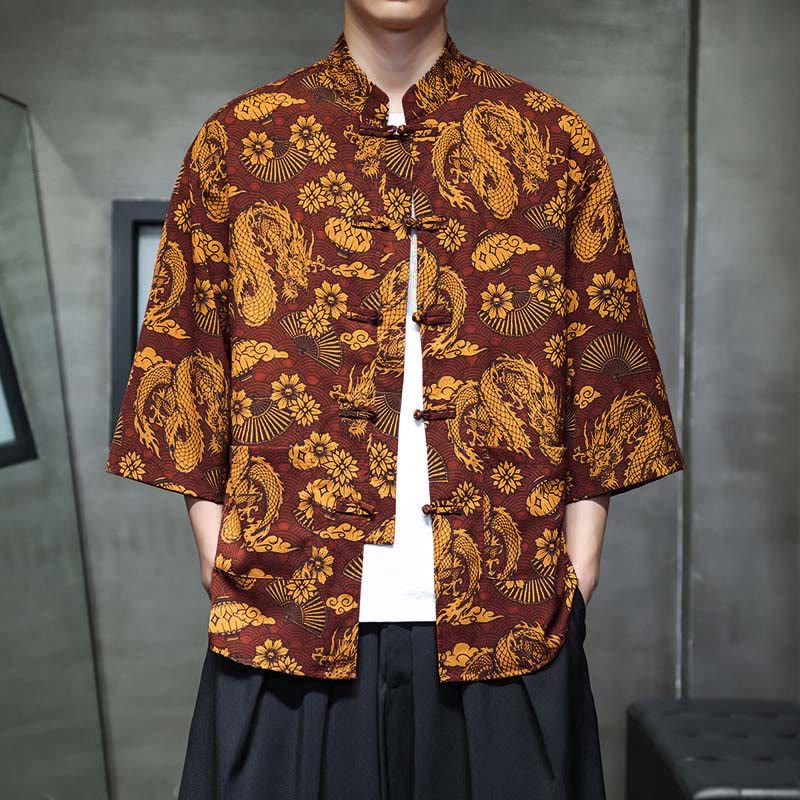 Buddha Stones Spring Frog-Button Dragon Mountain Flower Three Quarter Sleeve Tang Suit Men's Shirt With Pockets