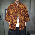 Buddha Stones Spring Frog-Button Dragon Mountain Flower Three Quarter Sleeve Tang Suit Men's Shirt With Pockets