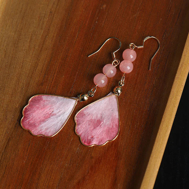 Buddha Stones Silk Art Handmade Pink Velvet Good Fortune Protection Drop Hook Earrings