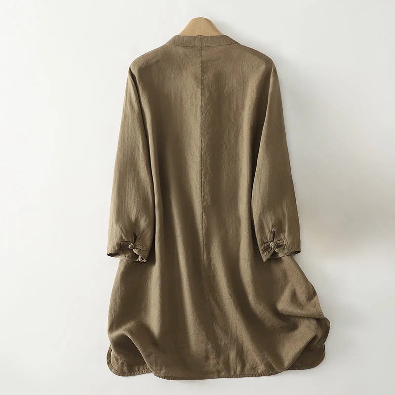 Buddha Stones Fall Solid Color Frog-Button Stand Collar Three Quarter Sleeve Mid-length Women's Cotton Shirt