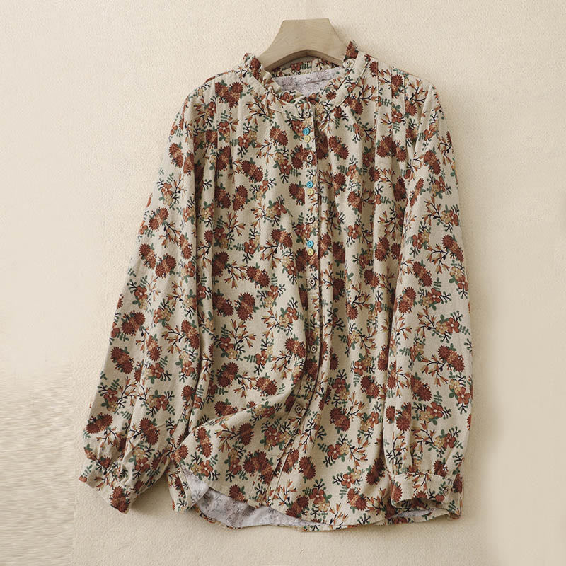 Buddha Stones Fall Floral Print Buttons Down Design Women's Cotton Long Sleeve Shirt
