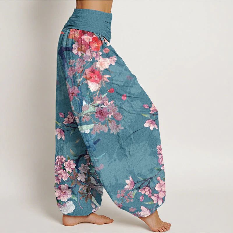 Buddha Stones Cotton Red Pink Blooming Flowers Lush Branches Women's Elastic Waist Harem Pants