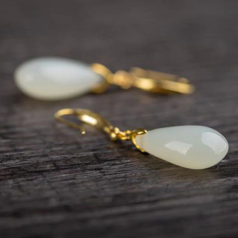 Buddha Stones Hetian White Jade Water Drop Luck Blessing Dangle Earrings (Extra 30% Off | USE CODE: FS30)