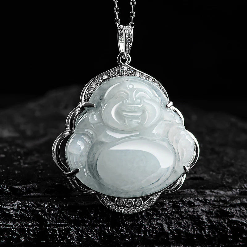 Buddha Stones Laughing Buddha Natural Jade Abundance Titanium Steel Chain Necklace Pendant