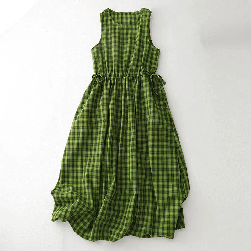 Buddha Stones Sleeveless Plaid Summer Midi Dress With Pockets