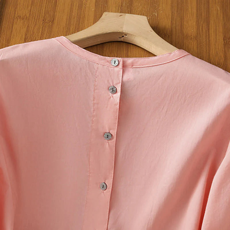 Buddha Stones Plain Lace Hem Single Breasted Button Cotton Linen Three Quarter Sleeve Women's Crew Neck Shirt
