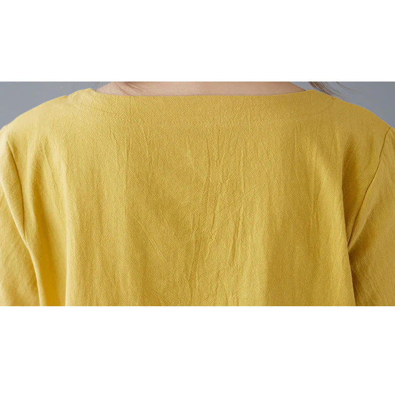 Buddha Stones Side Slit Design Women's Cotton Linen Crew Neck Short Sleeve T-Shirt Wtih Pocket