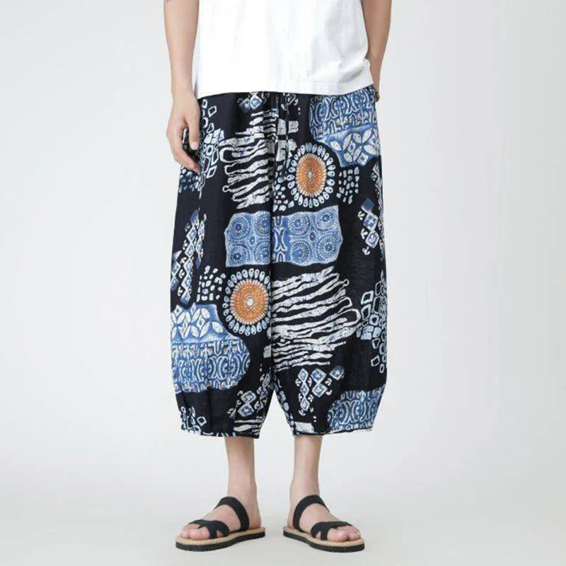 Buddha Stones Summer Square Patchwork Elephant Mandala Geometry Cotton Linen Men's 7-8 Length Pants With Pockets