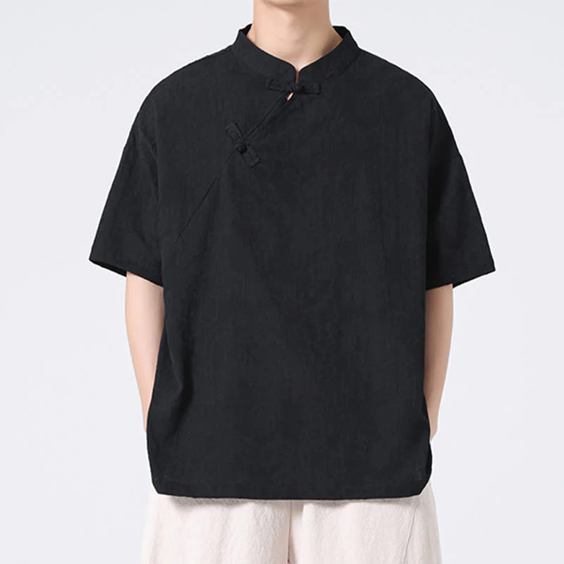Buddha Stones Retro Pure Color Frog-Button Design Jacquard Flower Pattern Men's Short Sleeve Cotton Linen Shirt