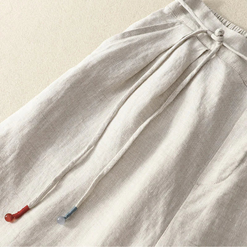 Buddha Stones Spring Casual Solid Color Drawstring Design  Women's Cotton Linen 7-8 Length Wide Leg Pants With Pockets