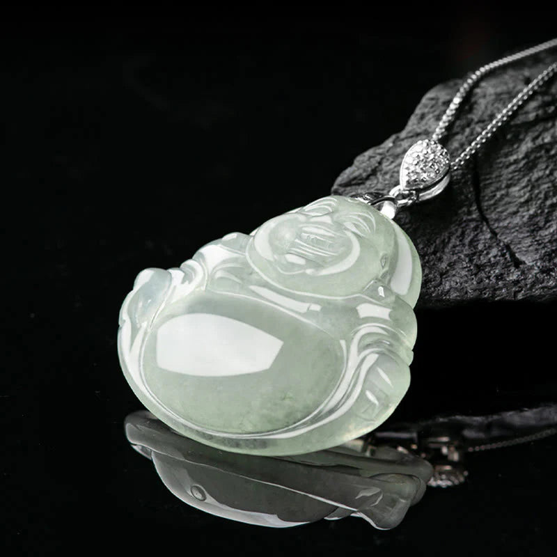Buddha Stones Natural Jade Laughing Buddha Prosperity Abundance Titanium Steel Chain Necklace Pendant