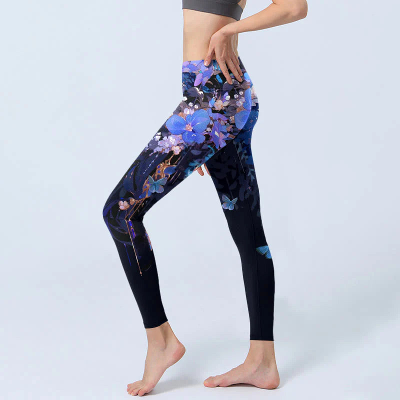 Buddha Stones Purple Flower Butterfly Pattern Print Gym Leggings Women's Yoga Pants