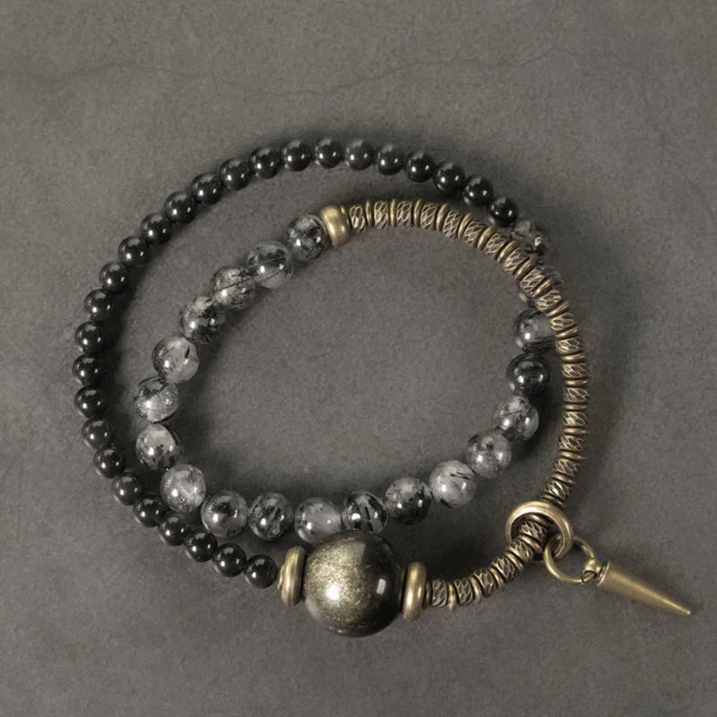 Buddha Stones Gold Sheen Obsidian Black Rutilated Quartz Copper Brass Double Wrap Protection Bracelet
