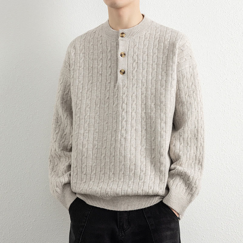 Buddha Stones Winter Crew Neck Three Buttons Twisted Design Warm Men's Long Sleeve Knitted Sweater