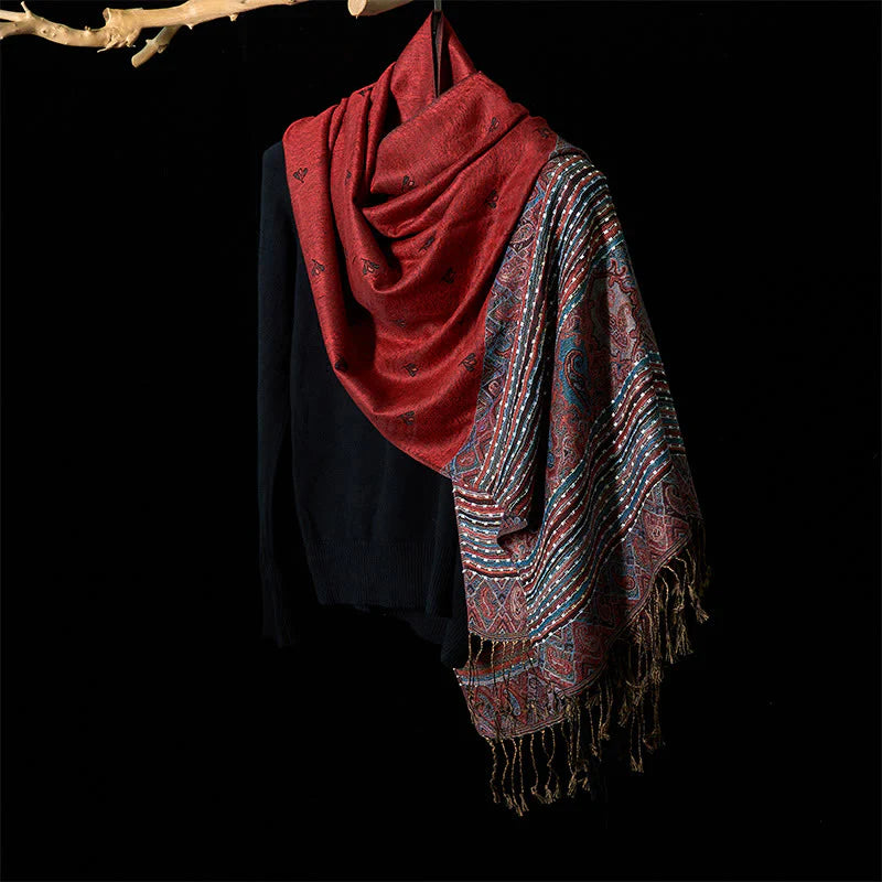 Buddha Stones Spring Cashew Flower Stripe Geometric Pattern Tassel Soft Scarf Shawl