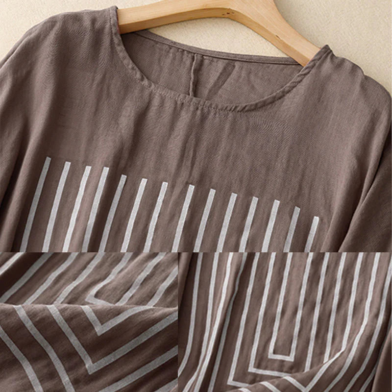 Buddha Stones Casual Line Printing Pattern Short Sleeve Cotton Linen Women's T-Shirt