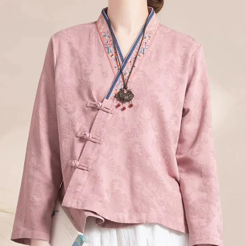 Buddha Stones Embroidered Flowers Grass Frog-Button Long Sleeve Cotton Women's Shirt