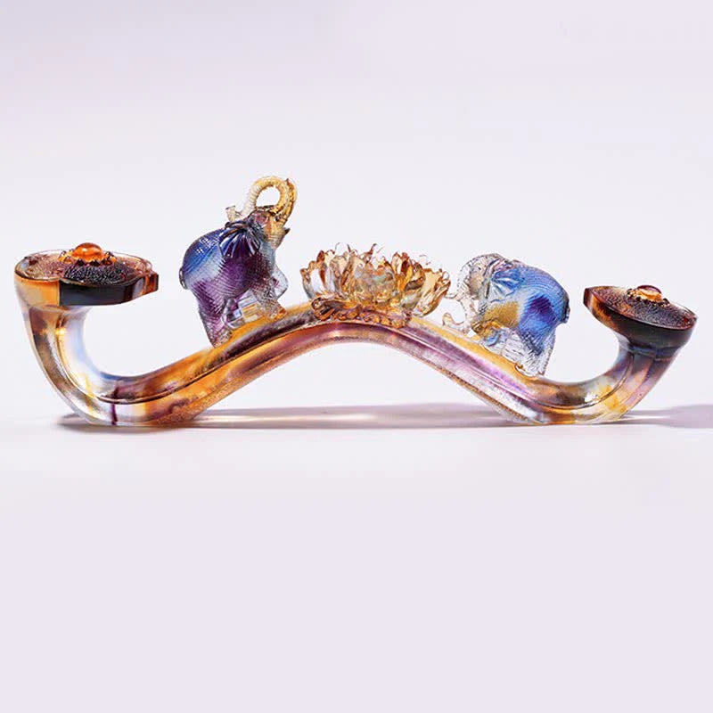 Buddha Stones Handmade Liuli Crystal Ruyi Elephant Art Piece Home Decoration With Crystal Base
