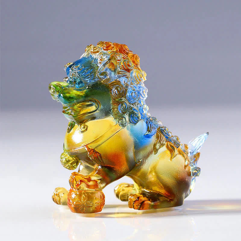 Buddha Stones Handmade Liuli Crystal Lion Art Piece Strength Home Office Decoration