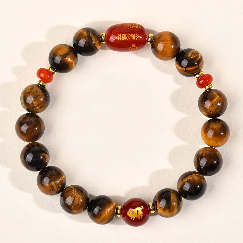 Buddha Stones 12 Chinese Zodiac Natural Tiger Eye Red Agate Protection Bracelet