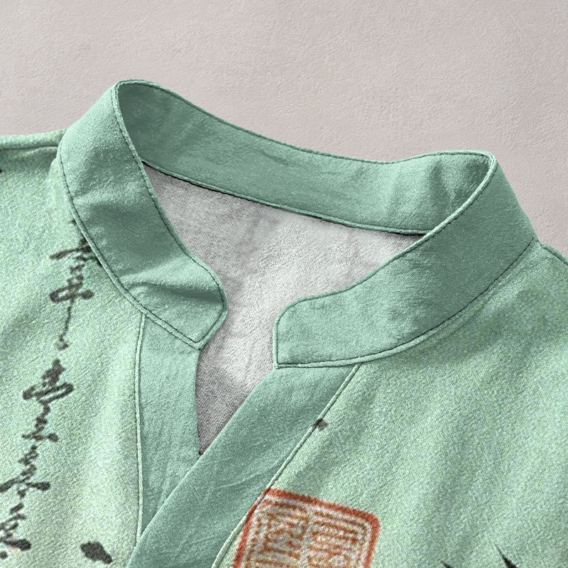Buddha Stones Cotton Gradient Calligraphy Bamboo Ink Painting Pattern Men's Short Sleeve Half Button Shirt