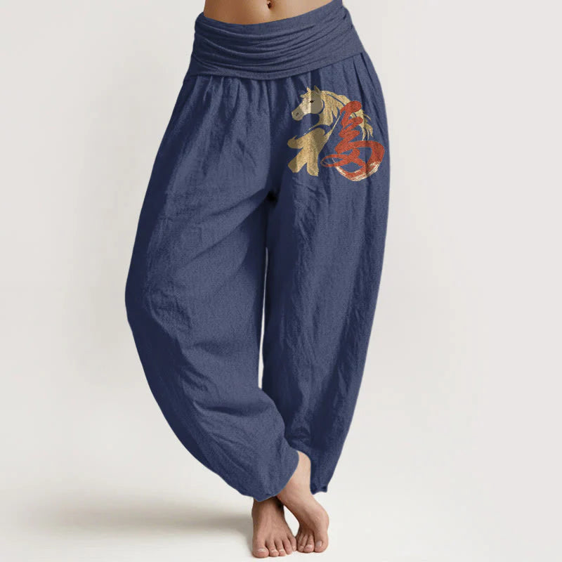 Buddha Stones Pure Cotton Year Of The Horse Fu Character Pattern Women's Elastic Waist Harem Pants