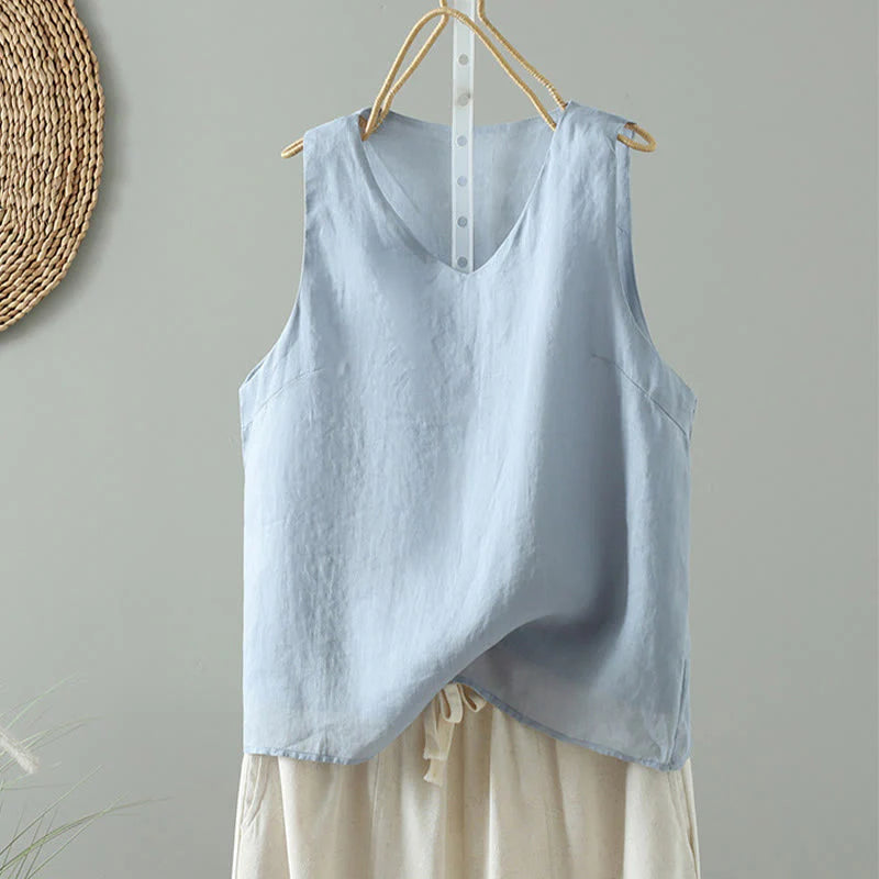 Buddha Stones Vintage Pure Color V-Neck Cotton Sleeveless Women's Vest Waistcoat