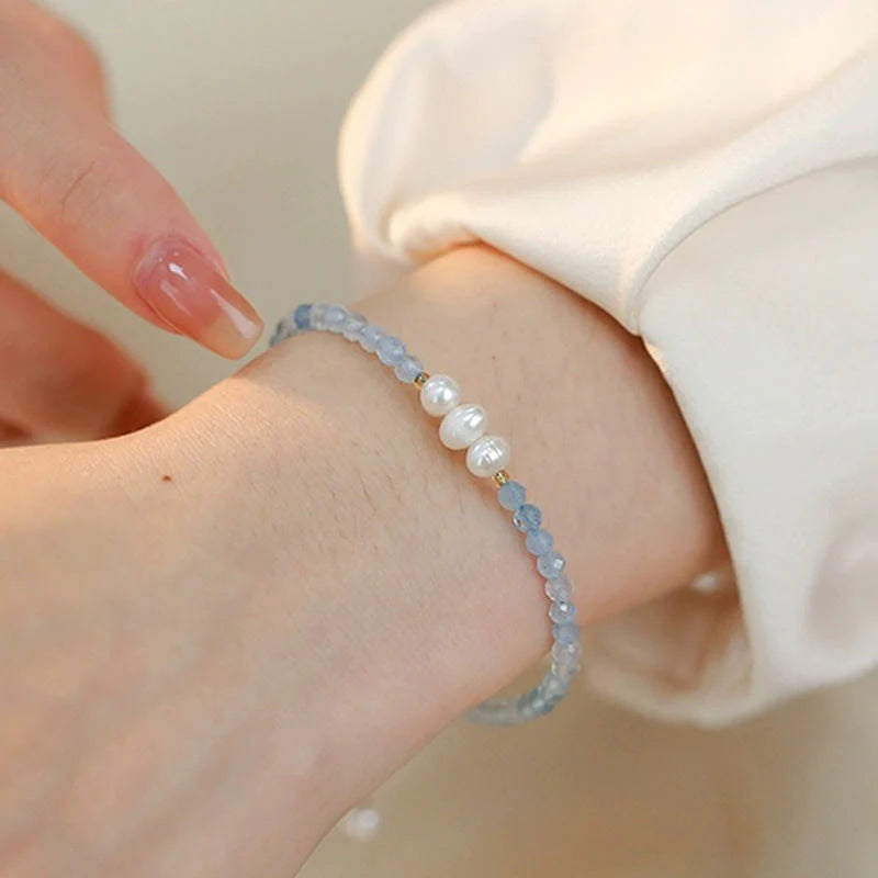 Buddha Stones Natural Aquamarine Fine 4mm Bead Pearl Serenity Bracelet