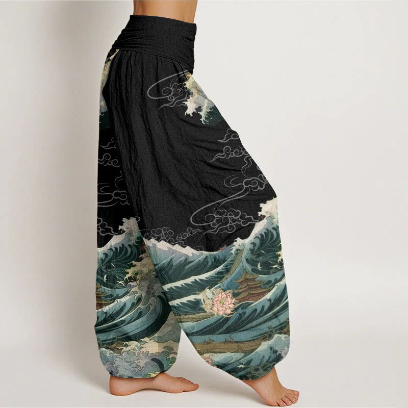 Buddha Stones Cotton Casual Blooming Lotuse Wave Pavilion Pattern Women's Elastic Waist Harem Pants