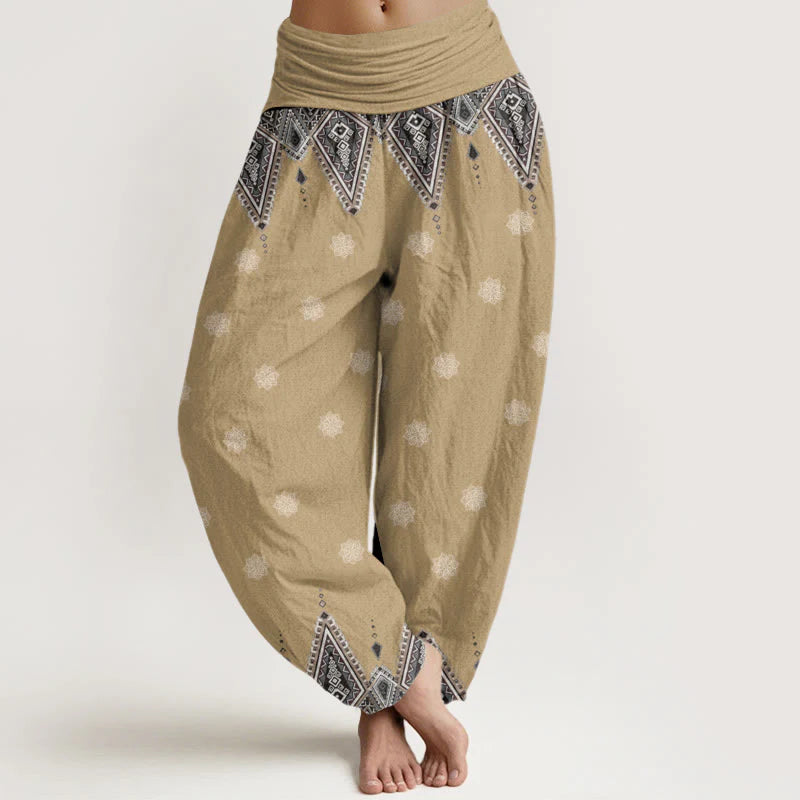 Buddha Stones Cotton Bohemian Geometric Floral Design Women's Elastic Waist Harem Pants